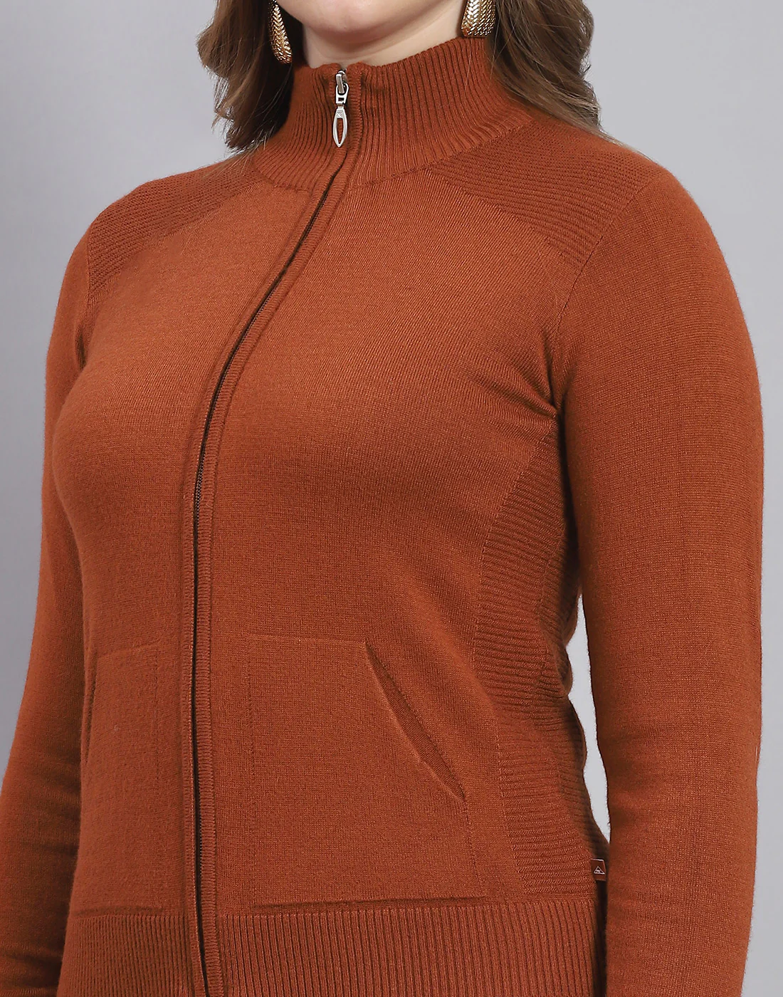 Women Rust Solid Stand Collar Full Sleeve Sweater - Image 6