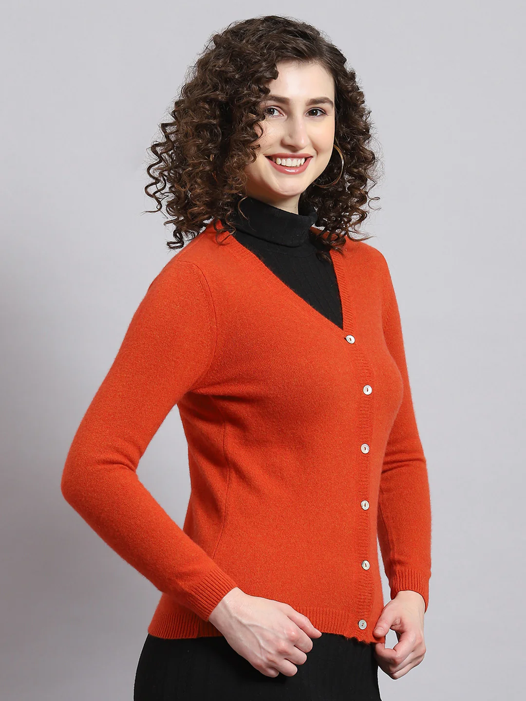 Women Rust Solid V Neck Full Sleeve Cardigan - Image 4