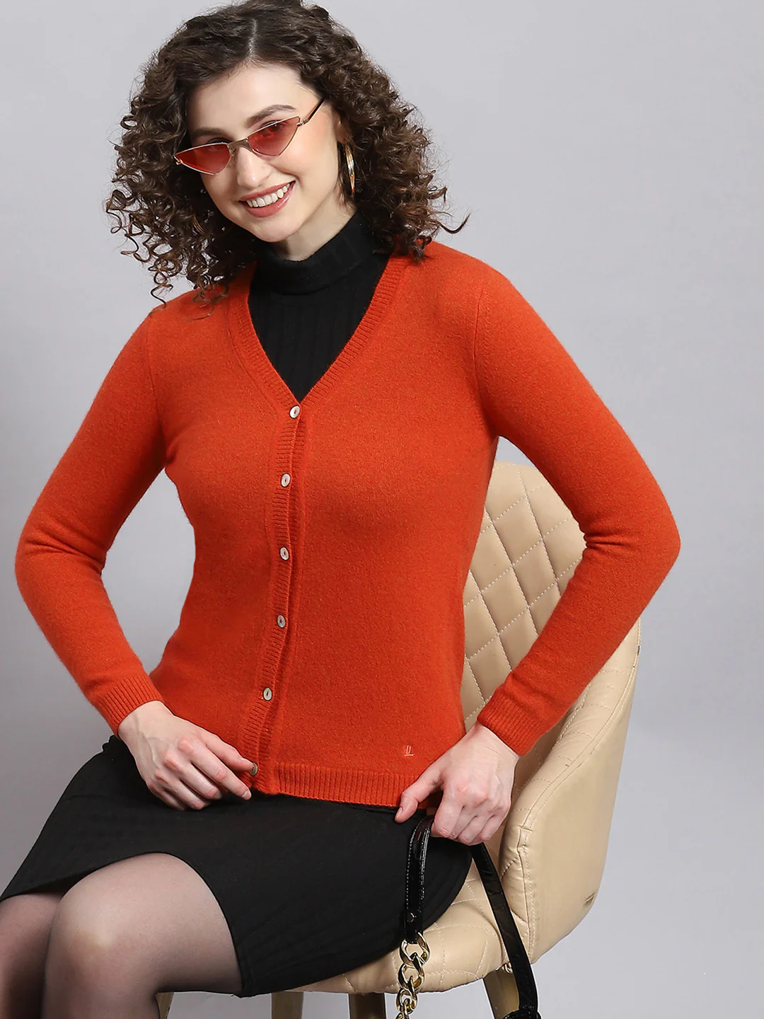 Women Rust Solid V Neck Full Sleeve Cardigan - Image 5