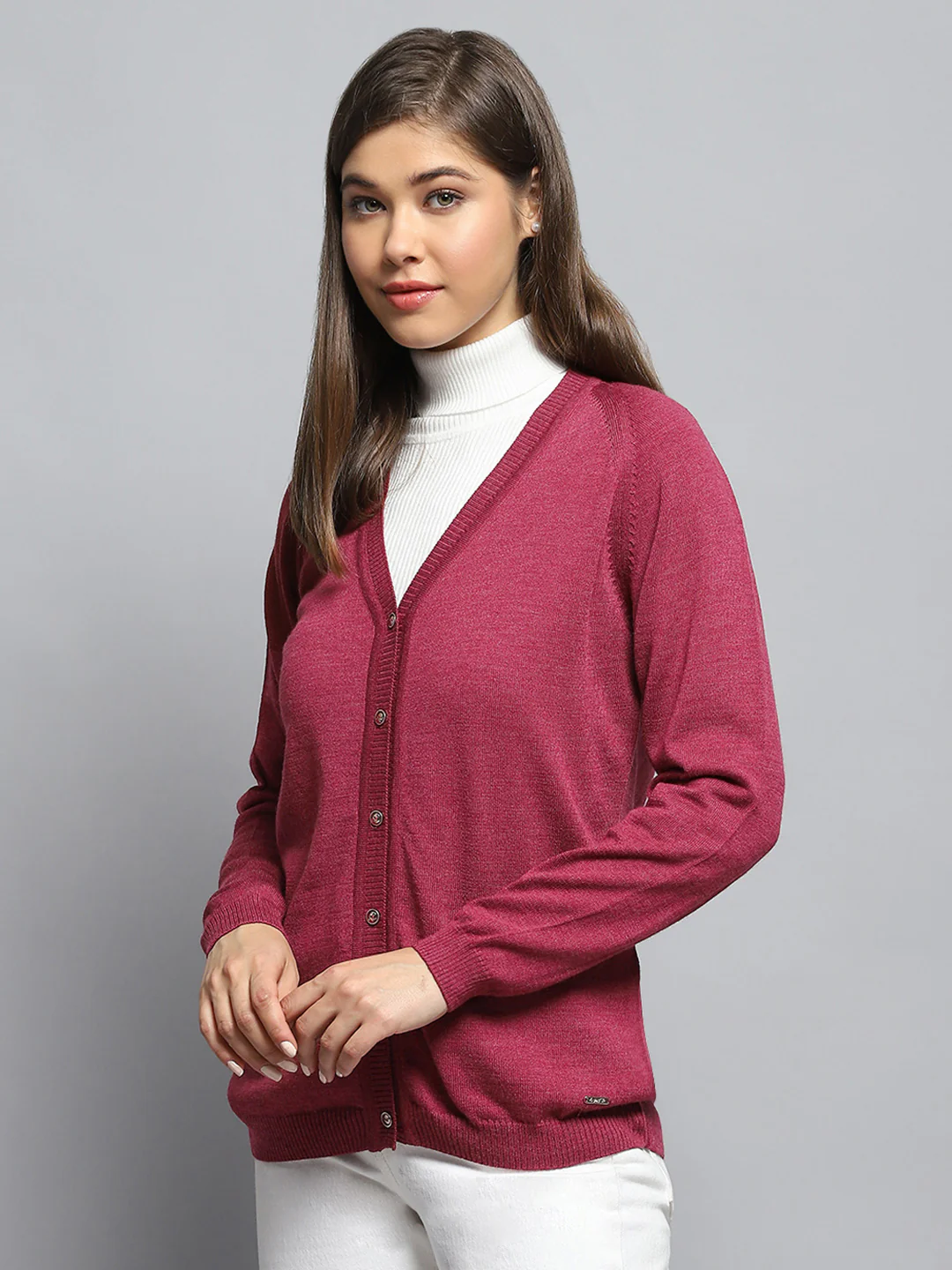 Women Rust Solid V Neck Full Sleeve Cardigan - Image 3