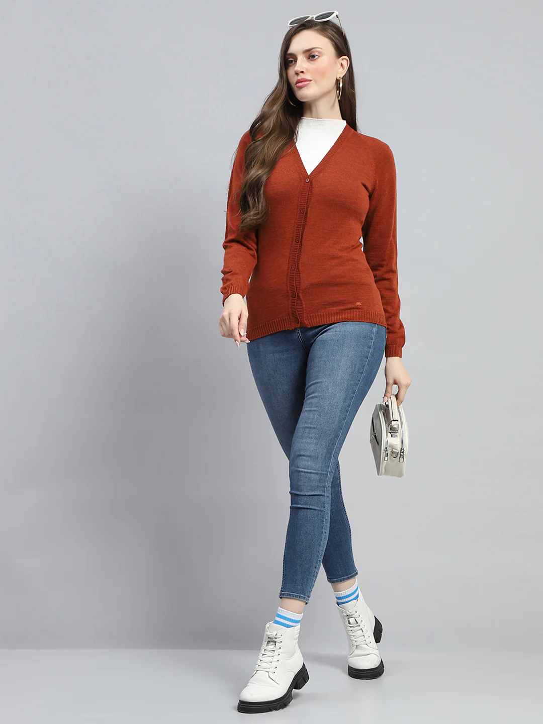 Women Rust Solid V Neck Full Sleeve Cardigan - Image 2