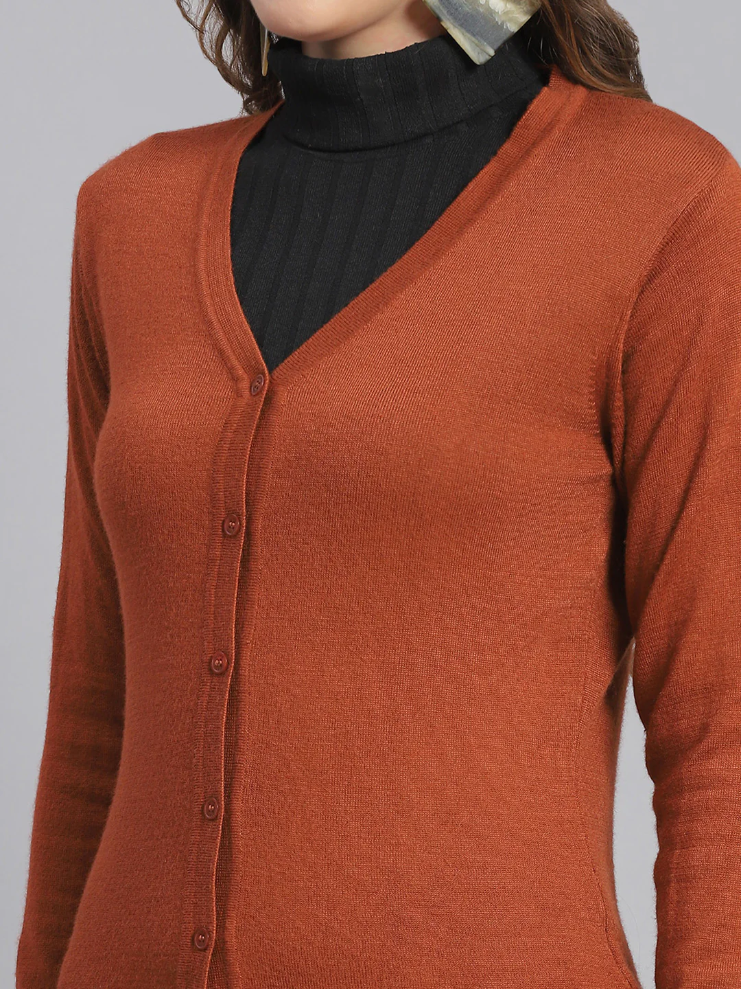 Women Rust Solid V Neck Full Sleeve Cardigan - Image 6