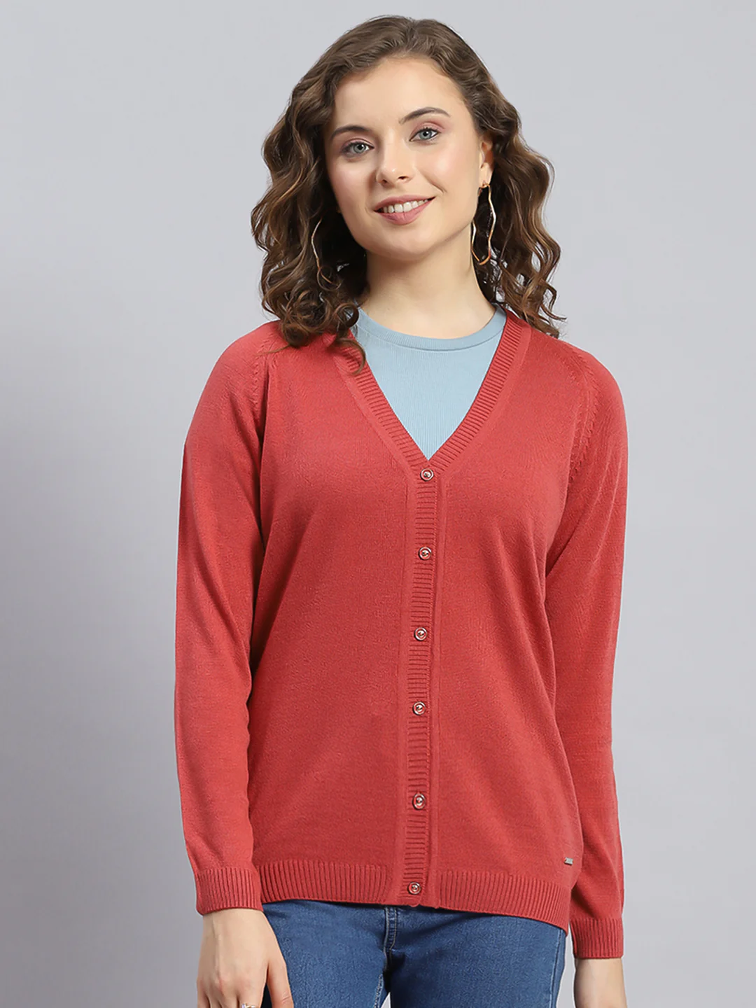 Women Rust Solid V Neck Full Sleeve Cardigans - Image 2