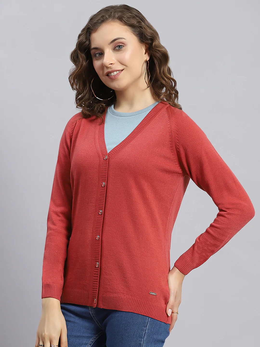 Women Rust Solid V Neck Full Sleeve Cardigans - Image 3