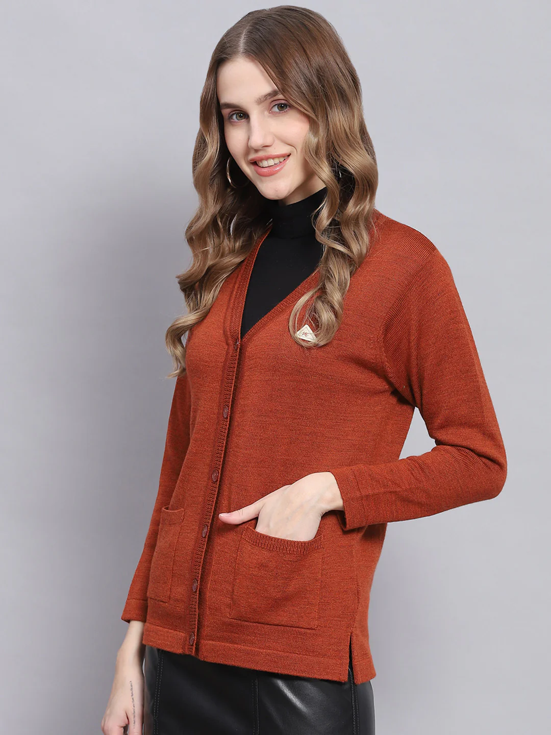 Women Rust Solid V Neck Full Sleeve Cardigans - Image 3