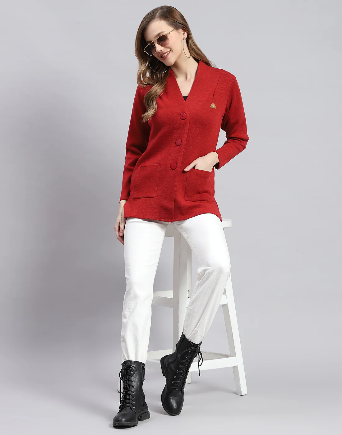 Women Rust Solid V Neck Full Sleeve Cardigans - Image 2