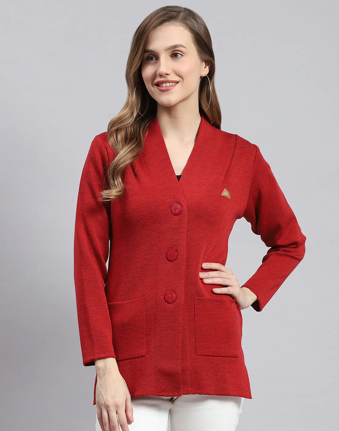 Women Rust Solid V Neck Full Sleeve Cardigans - Image 3