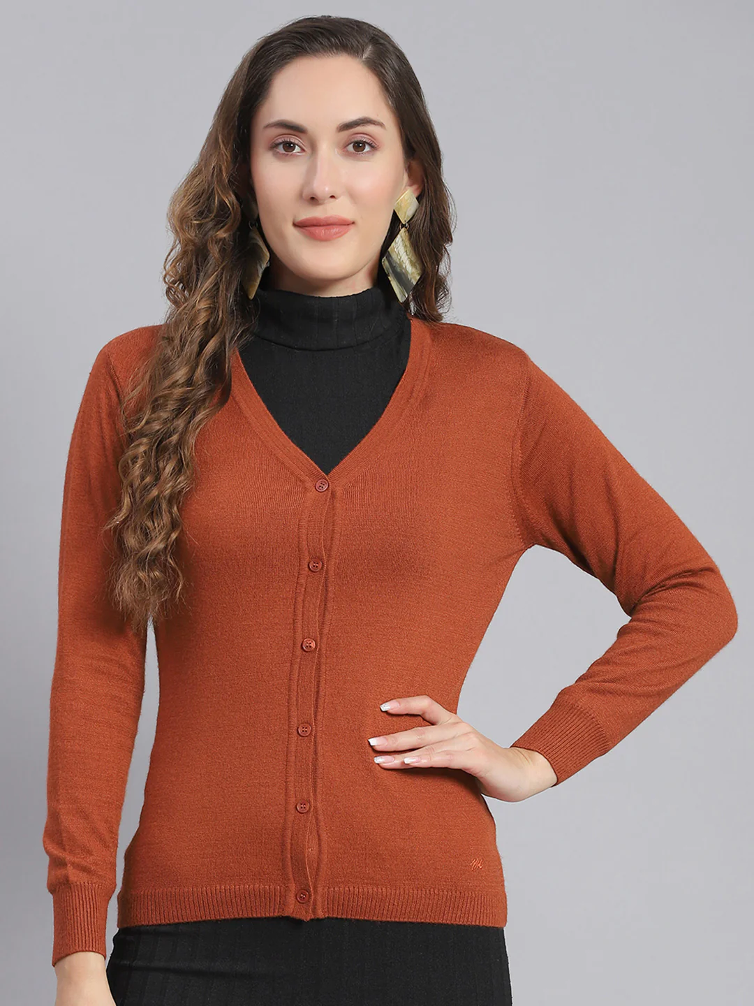 Women Rust Solid V Neck Full Sleeve Cardigans - Image 2