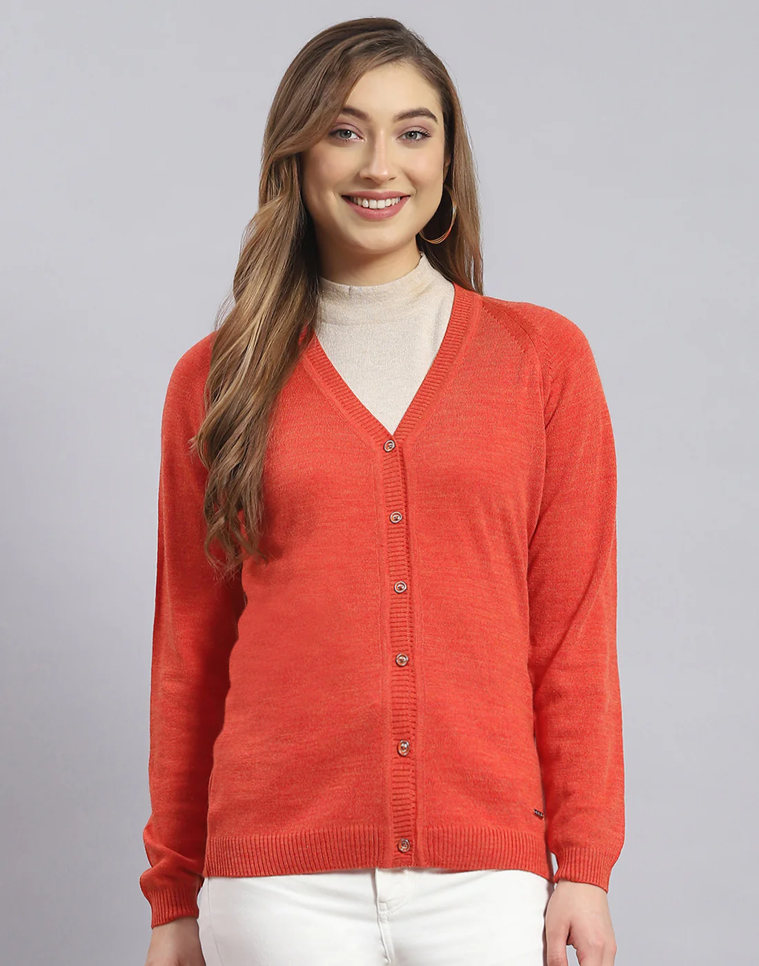 Women Rust Solid V Neck Full Sleeve Sweater - Image 2