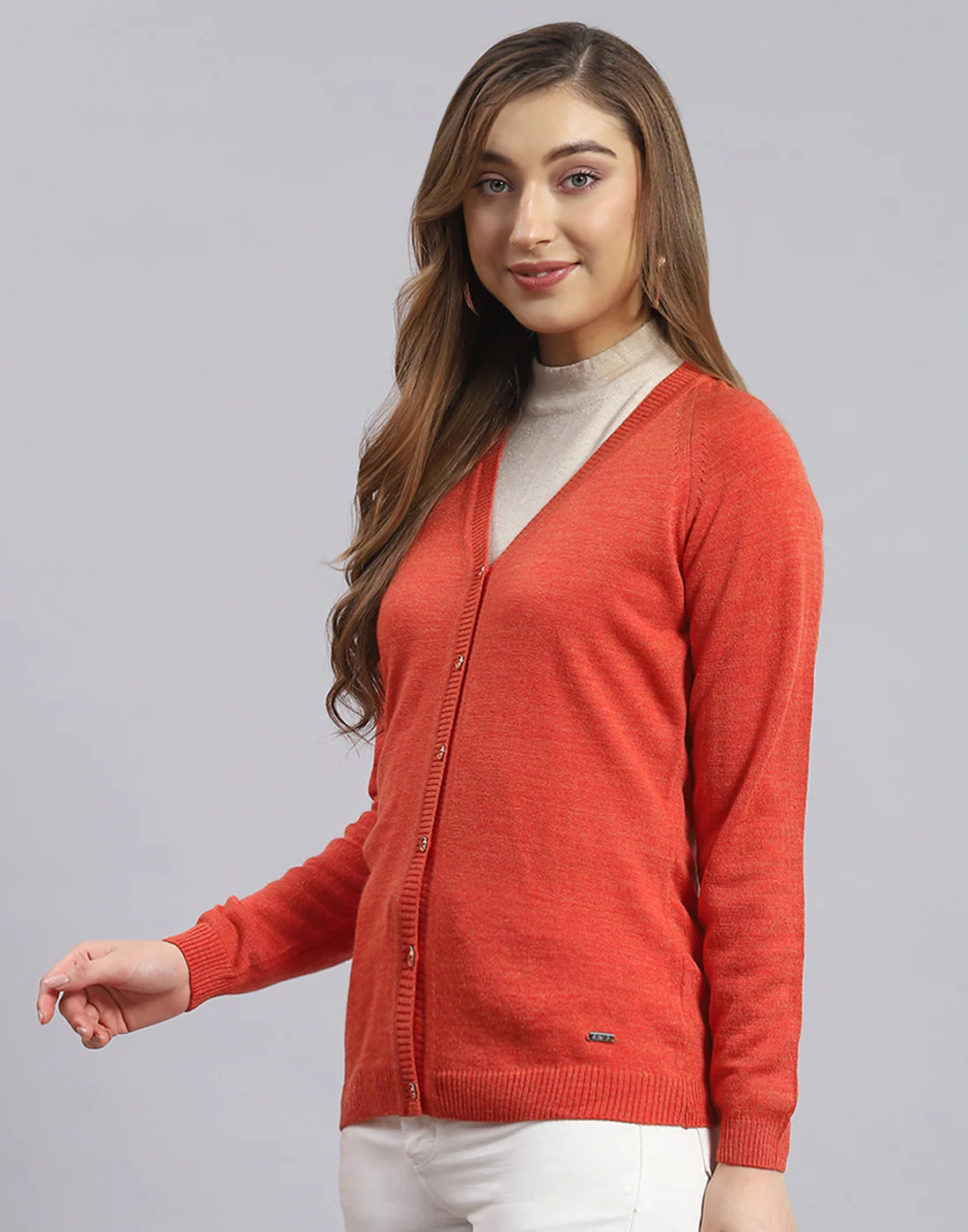 Women Rust Solid V Neck Full Sleeve Sweater - Image 3