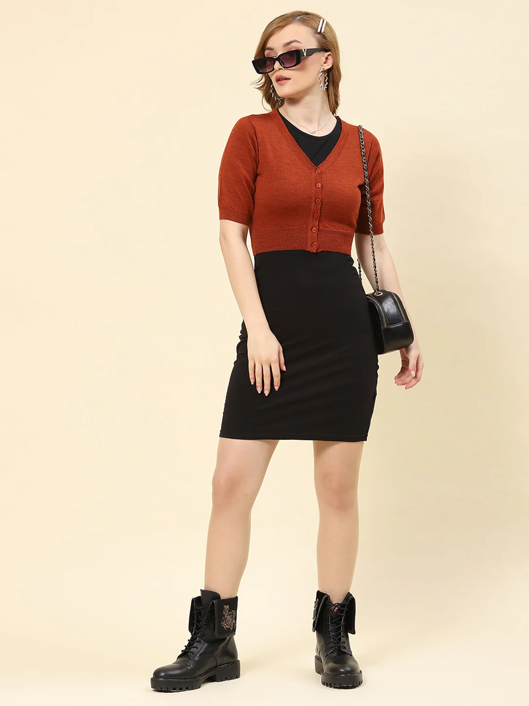 Women Rust Solid V Neck Half Sleeve Blouse - Image 2