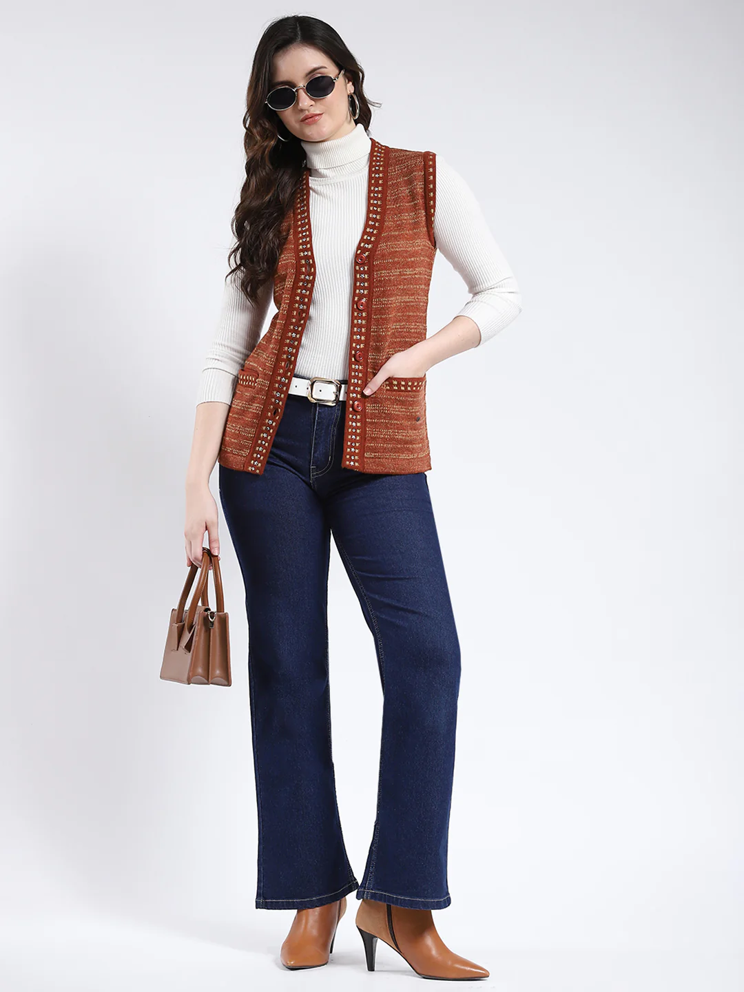 Women Rust Stripe V Neck Sleeveless Cardigan - Image 2