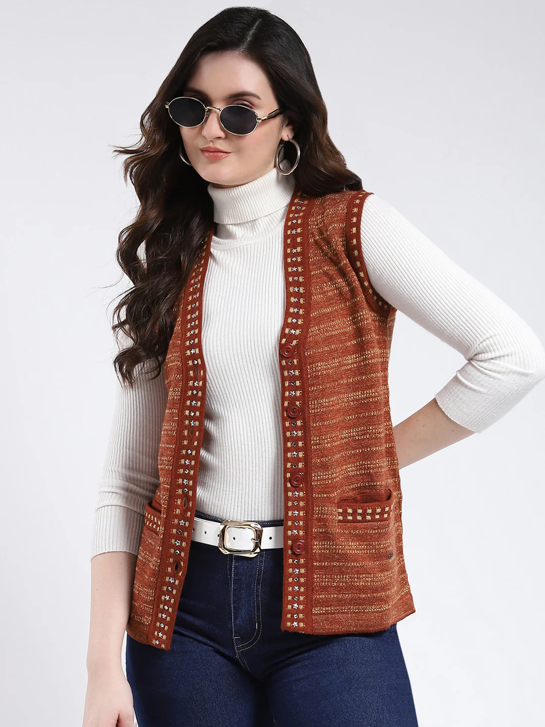 Women Rust Stripe V Neck Sleeveless Cardigan - Image 6