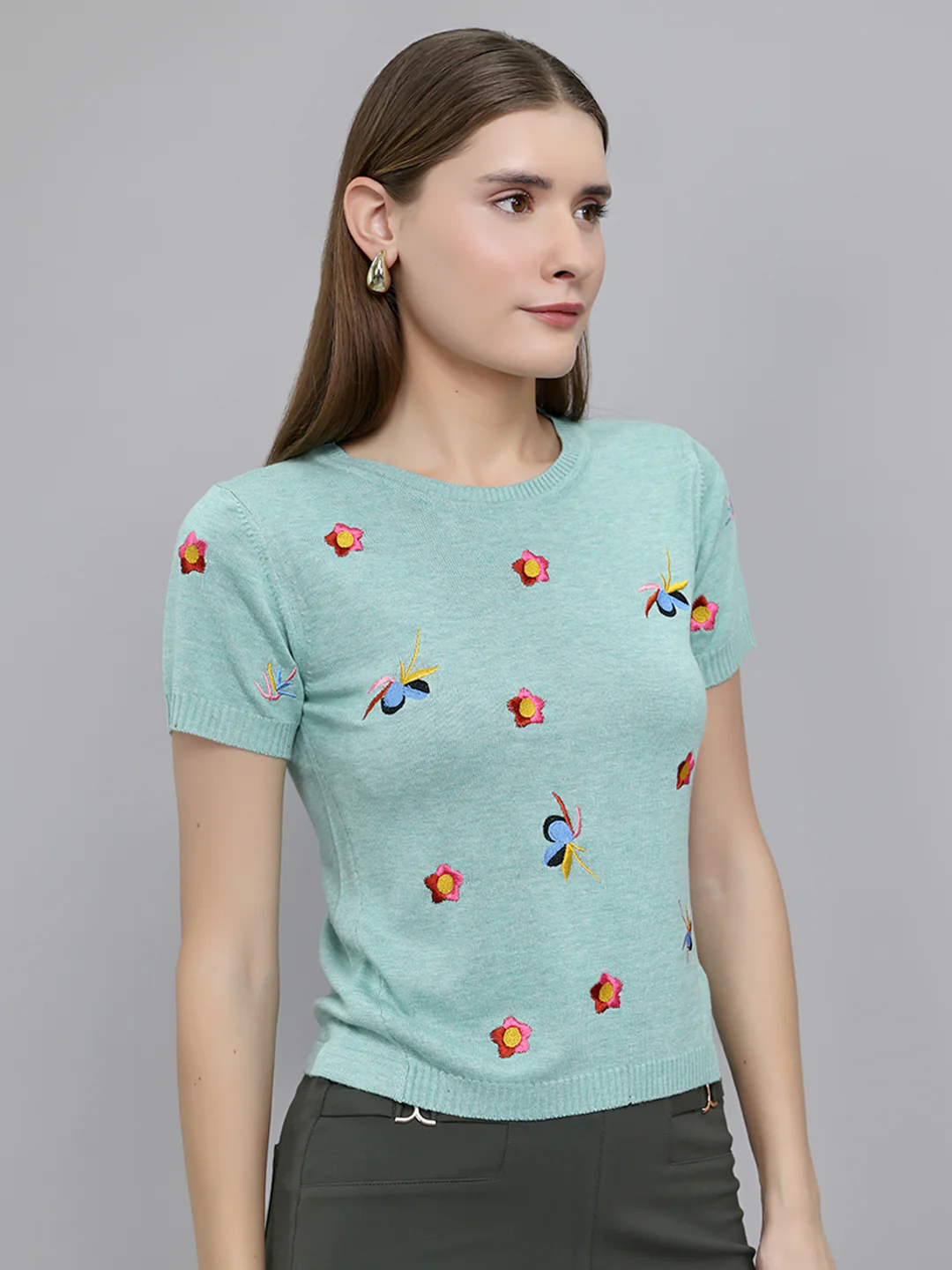 Women Sea Green Embroidered Round Neck Half Sleeve Top - Image 3