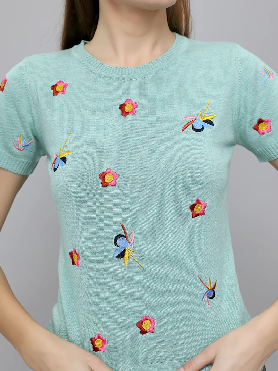 Women Sea Green Embroidered Round Neck Half Sleeve Top - Image 5