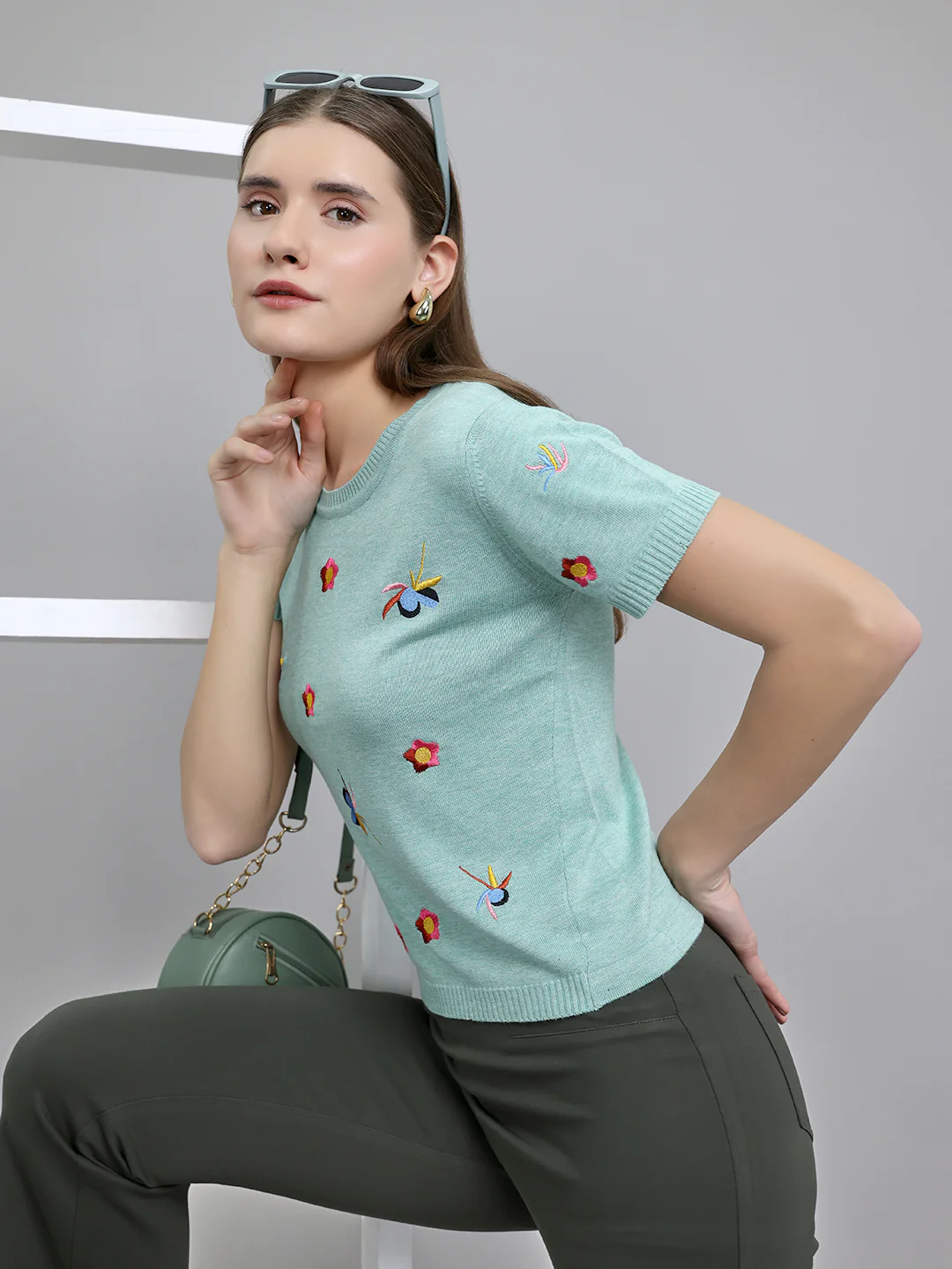 Women Sea Green Embroidered Round Neck Half Sleeve Top - Image 6
