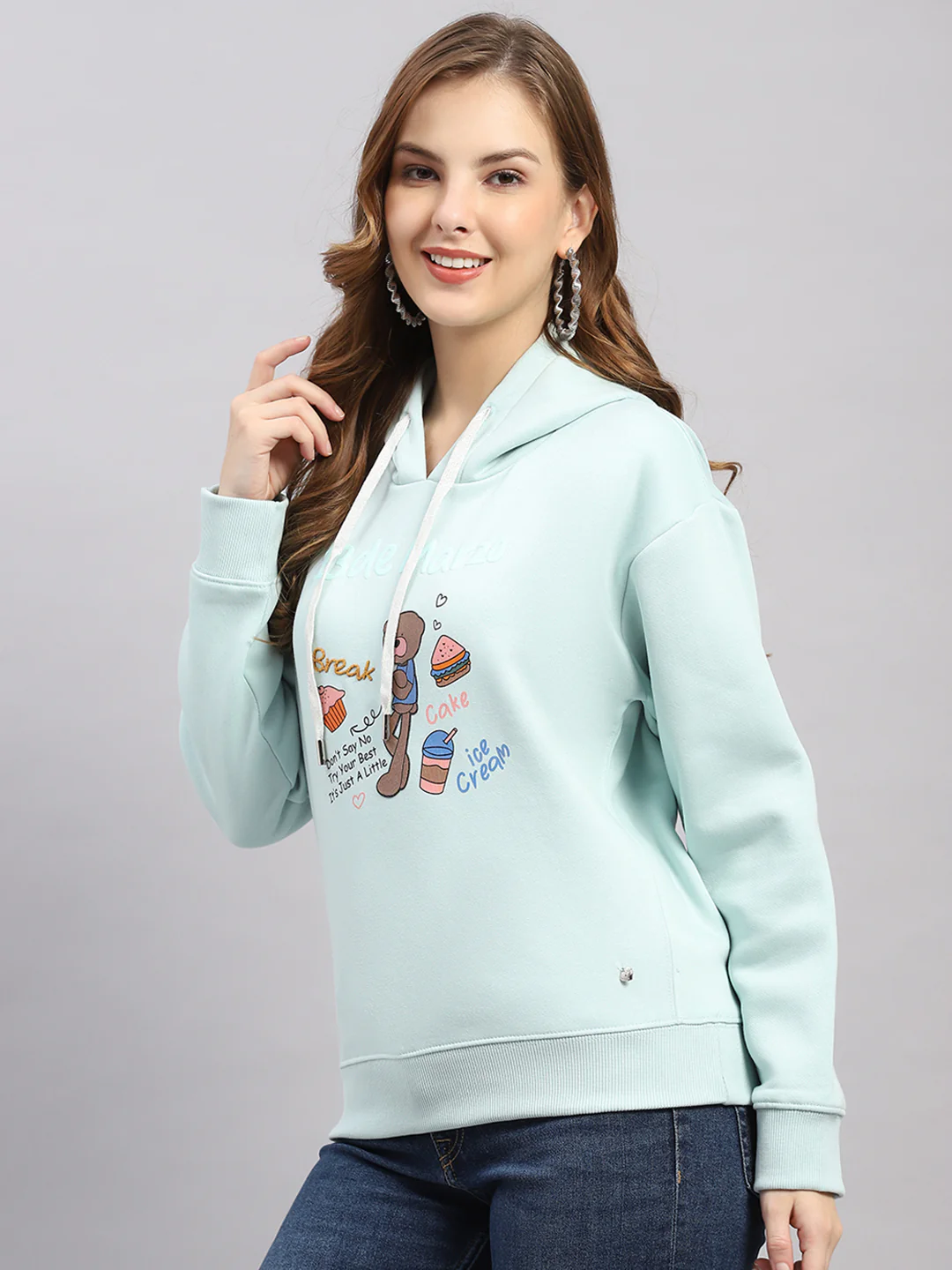 Women Sea Green Printed Hooded Full Sleeve Sweatshirt - Image 3