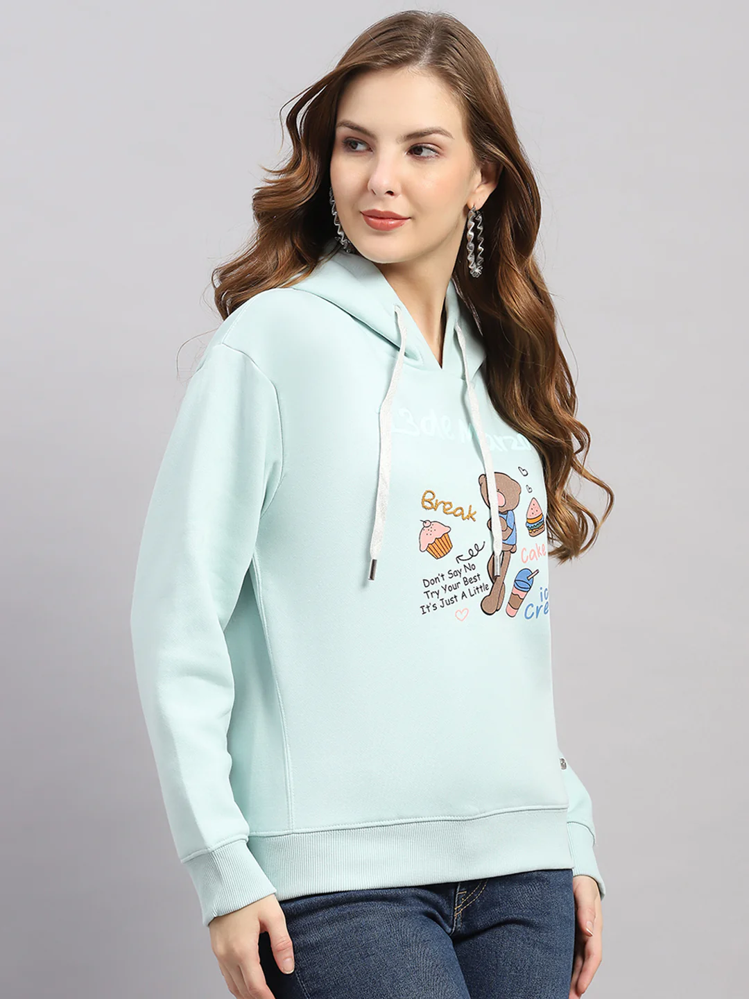 Women Sea Green Printed Hooded Full Sleeve Sweatshirt - Image 4