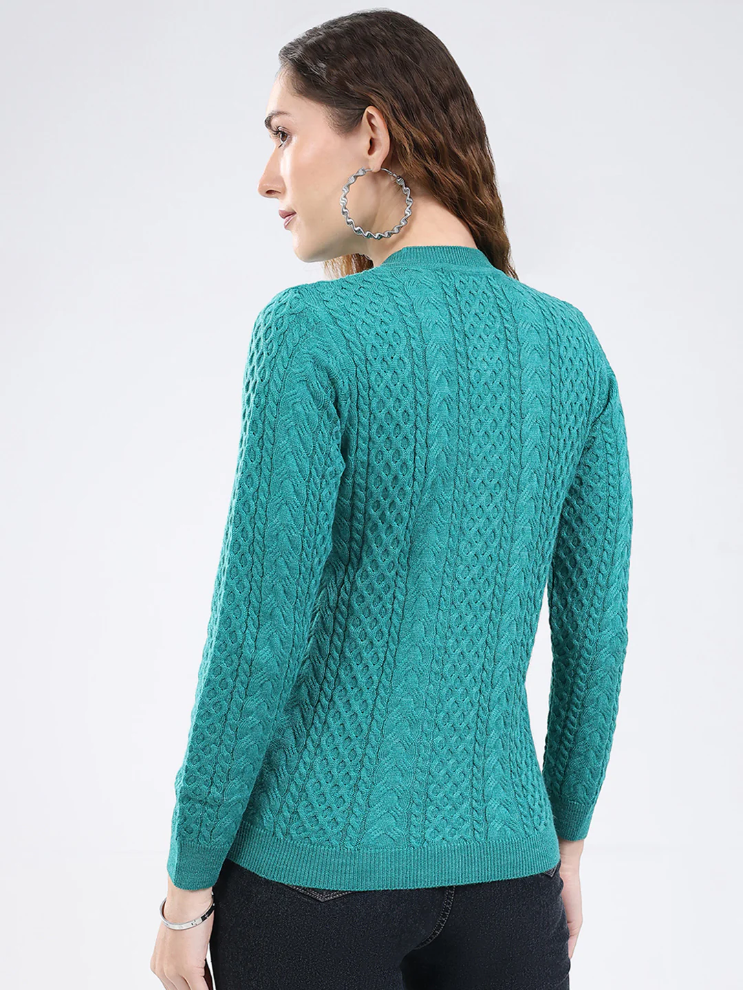 Women Sea Green Self Design Round Neck Full Sleeve Cardigan - Image 5