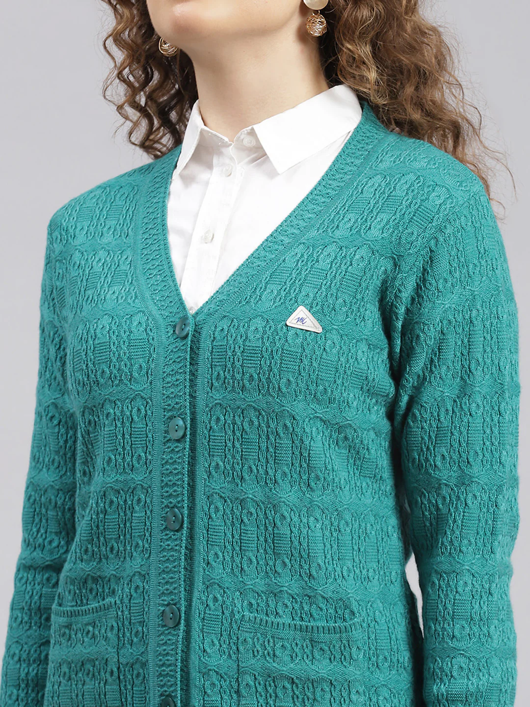 Women Sea Green Self Design Wool blend Cardigan - Image 6