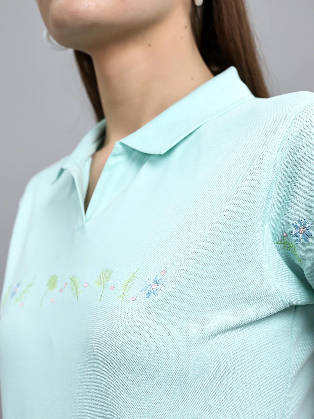 Women Sea Green Solid Collar Half Sleeve T-Shirt - Image 5