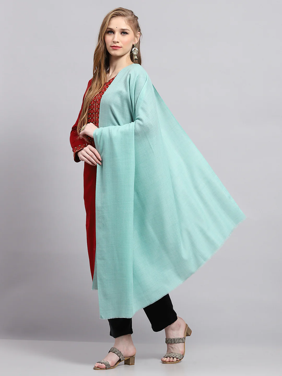 Women Sea Green Solid Shawl - Image 3