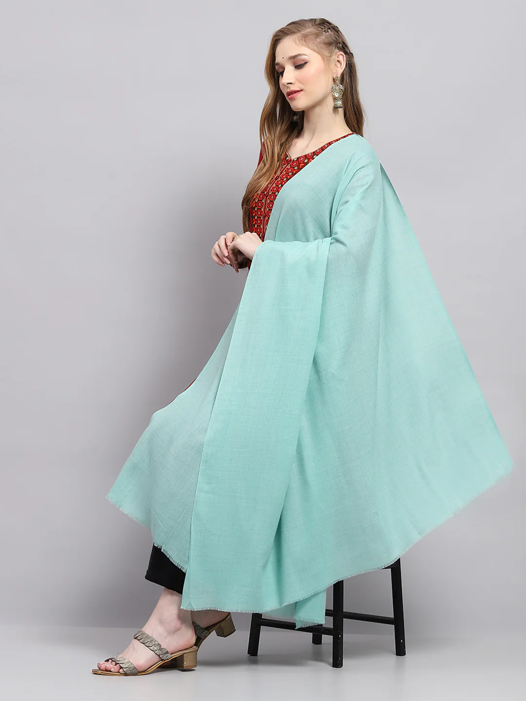 Women Sea Green Solid Shawl - Image 5