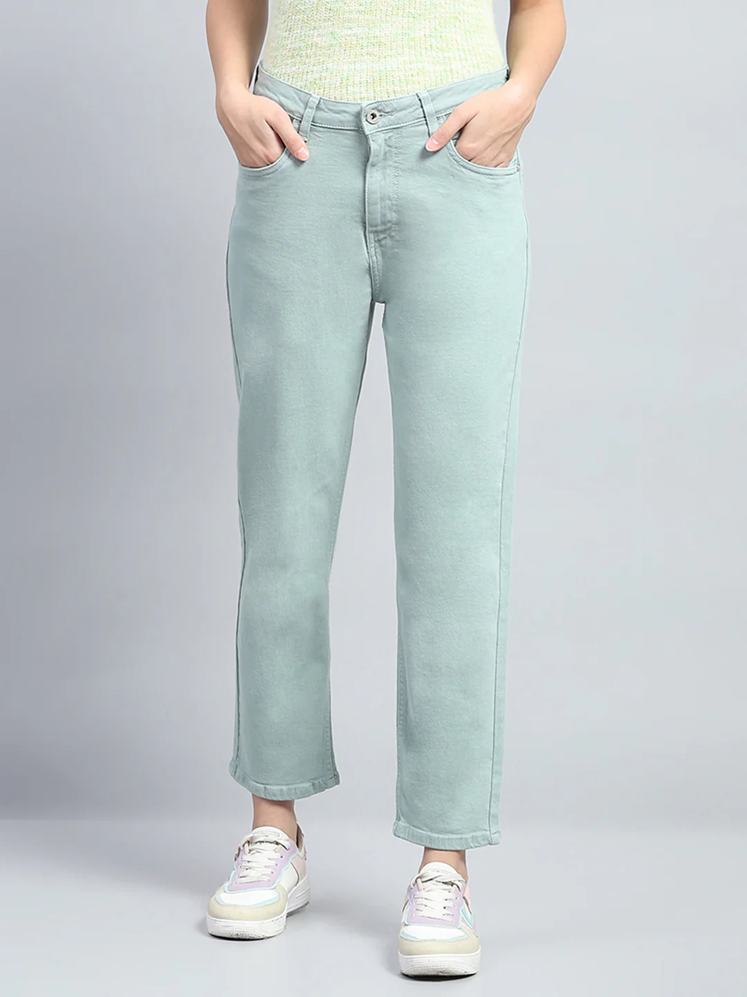 Women Sea Green Solid Slim Fit Denim - Image 2