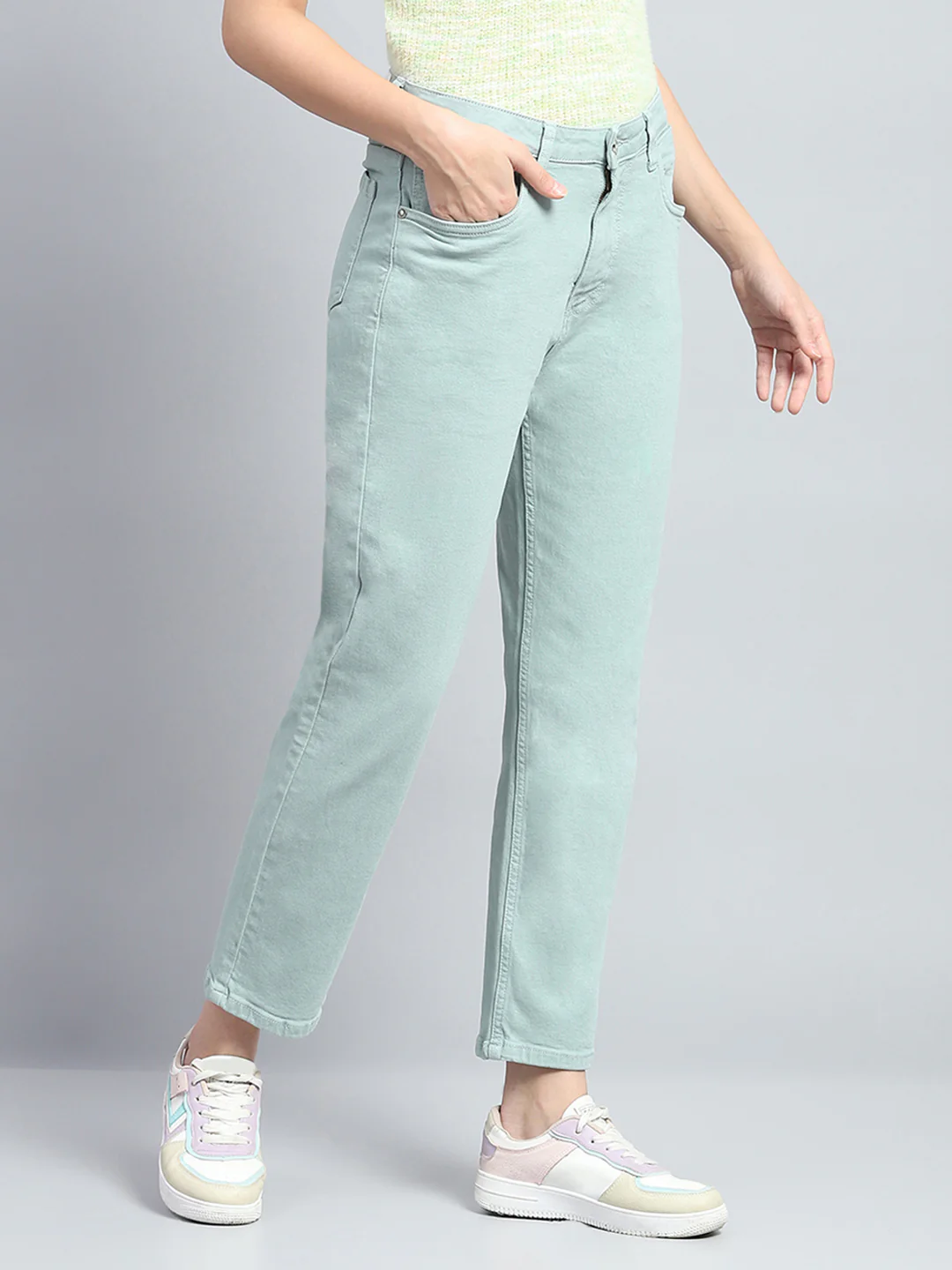 Women Sea Green Solid Slim Fit Denim - Image 4