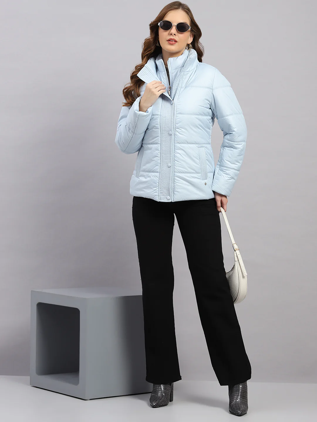 Women Sky Blue Printed Collar Full Sleeve Jacket - Image 2