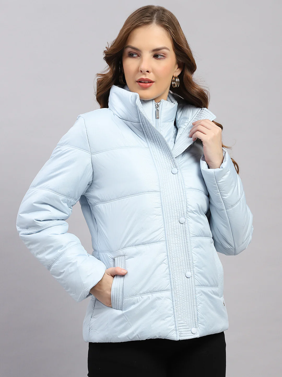 Women Sky Blue Printed Collar Full Sleeve Jacket - Image 4