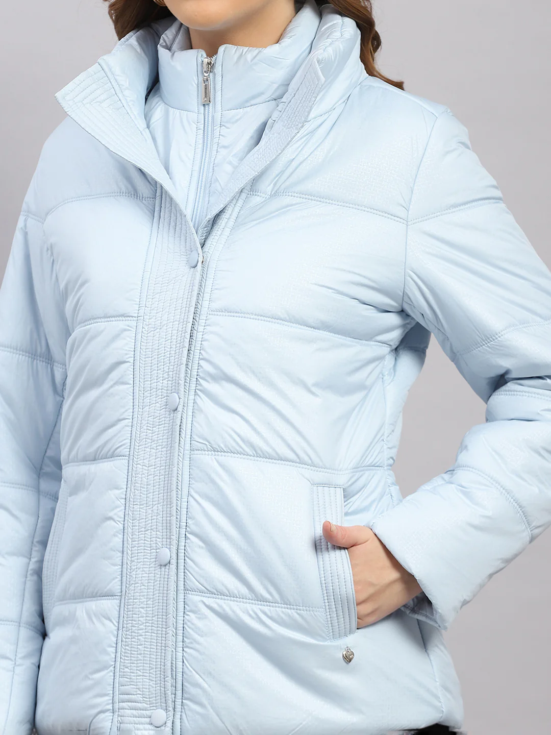 Women Sky Blue Printed Collar Full Sleeve Jacket - Image 7
