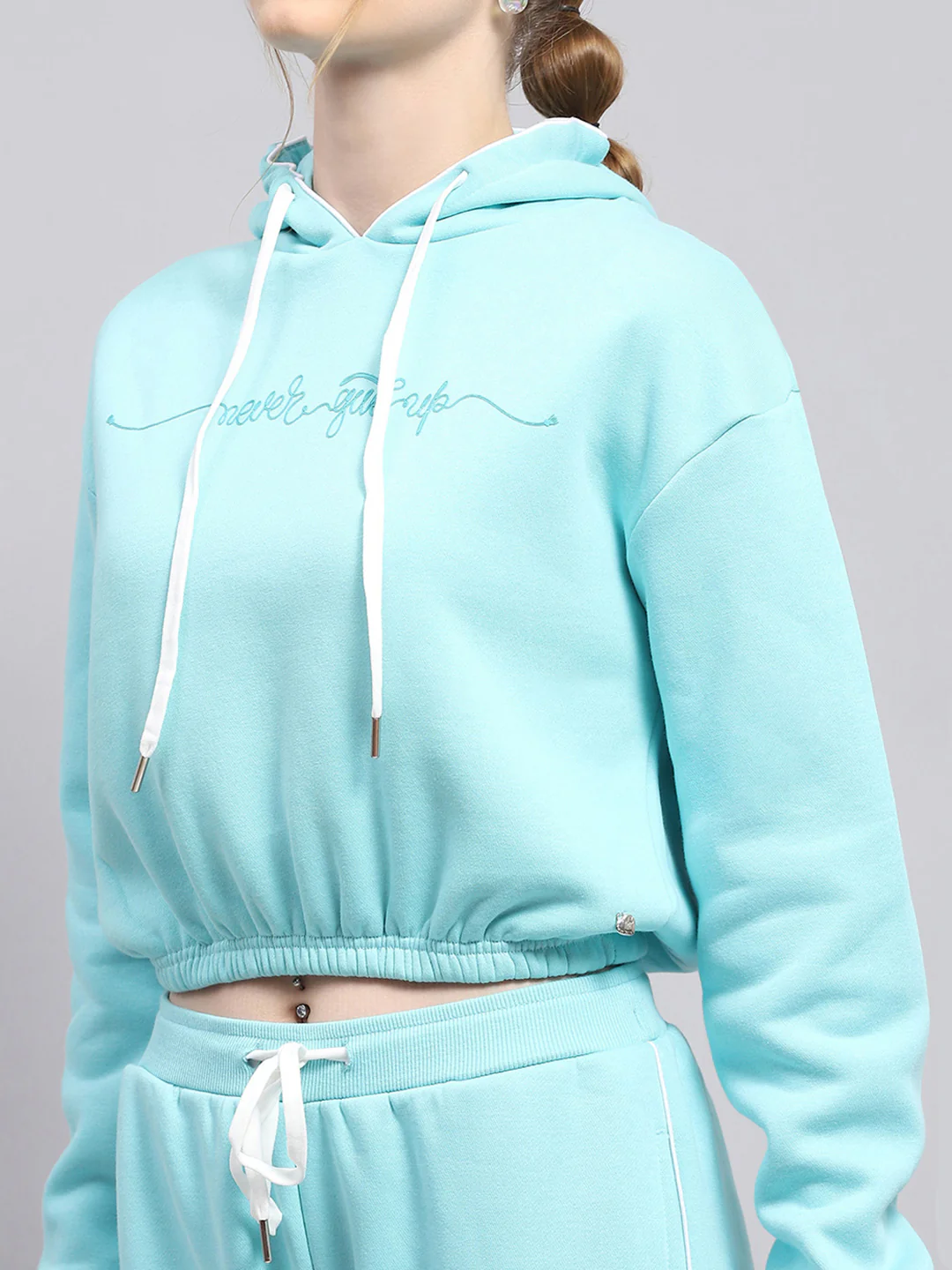Women Sky Blue Printed Hooded Full Sleeve Tracksuit - Image 6