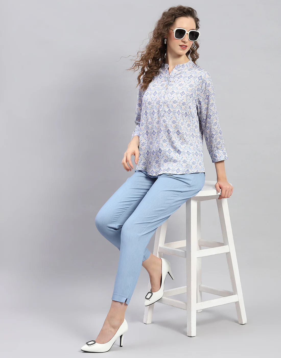 Women Sky Blue Printed  Mandarin Neck 3/4 Sleeve Top - Image 2