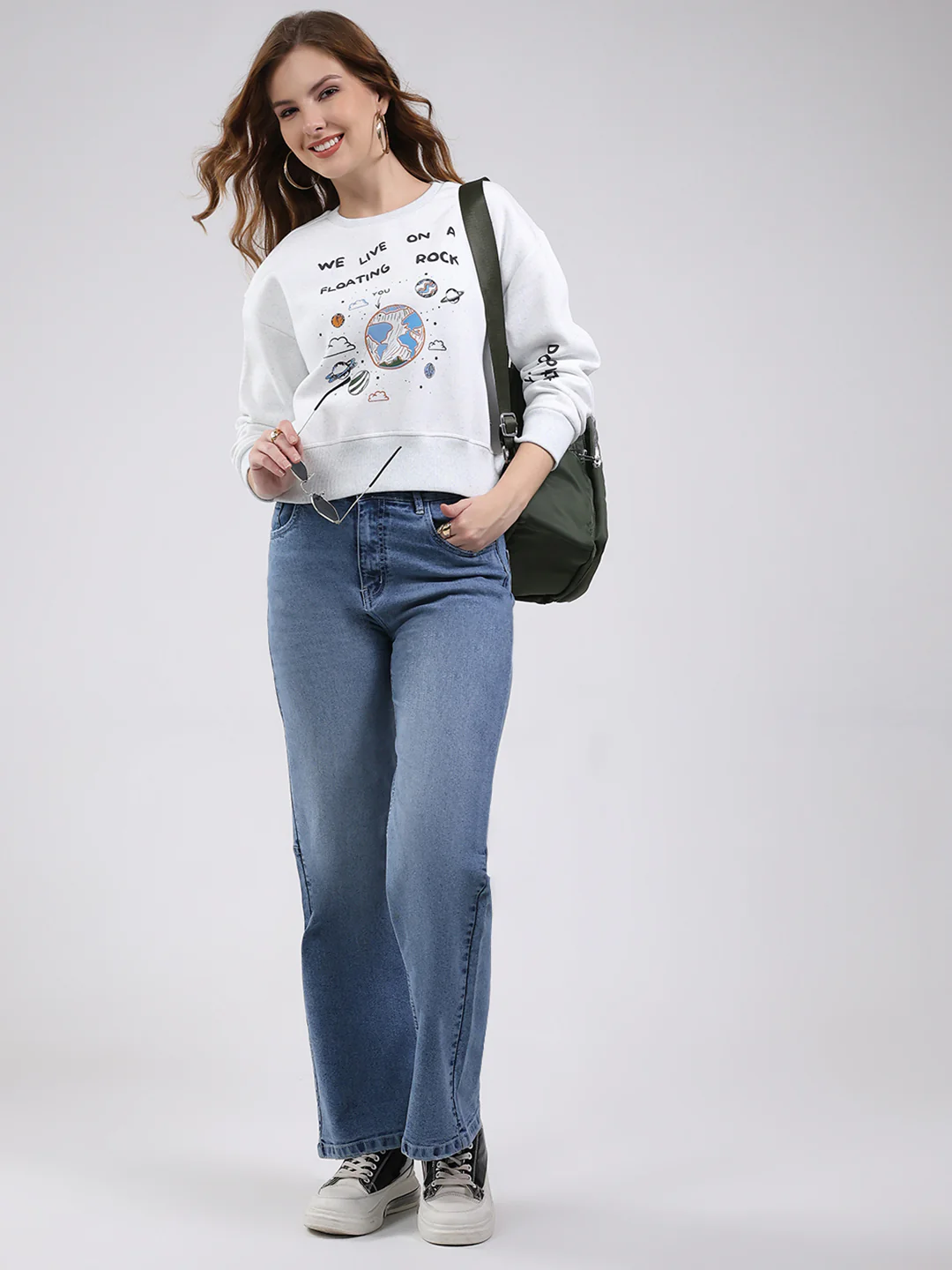 Women Sky Blue Printed Round Neck Full Sleeve Sweatshirt - Image 2