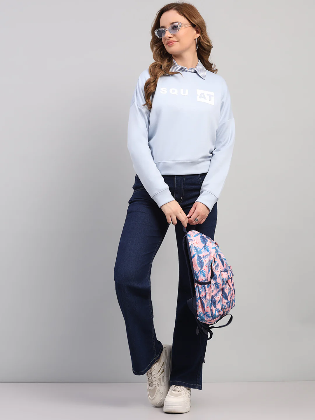 Women Sky Blue Printed Round Neck Full Sleeve Sweatshirt - Image 2