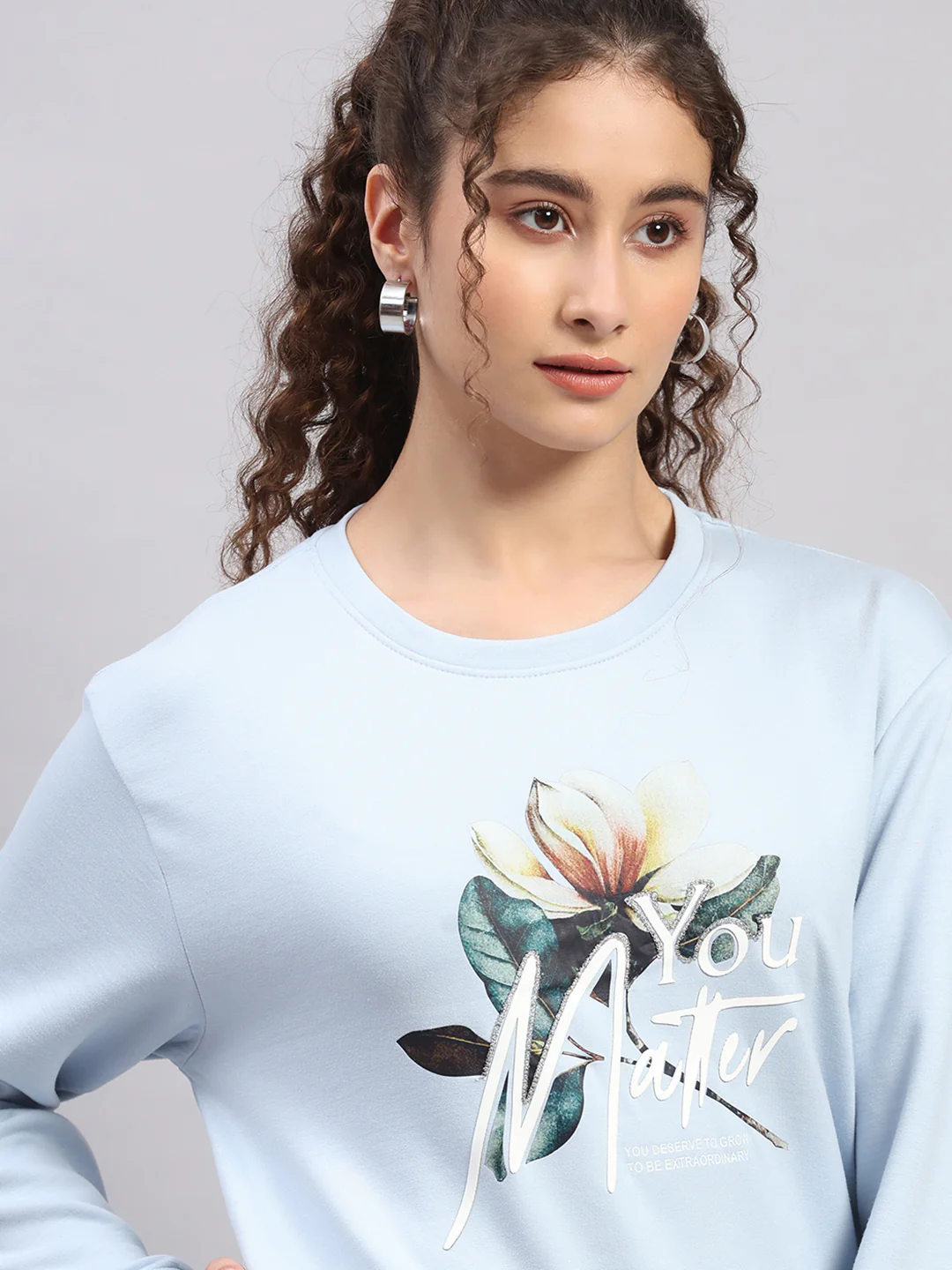 Women Sky Blue Printed Round Neck Full Sleeve Sweatshirt - Image 7