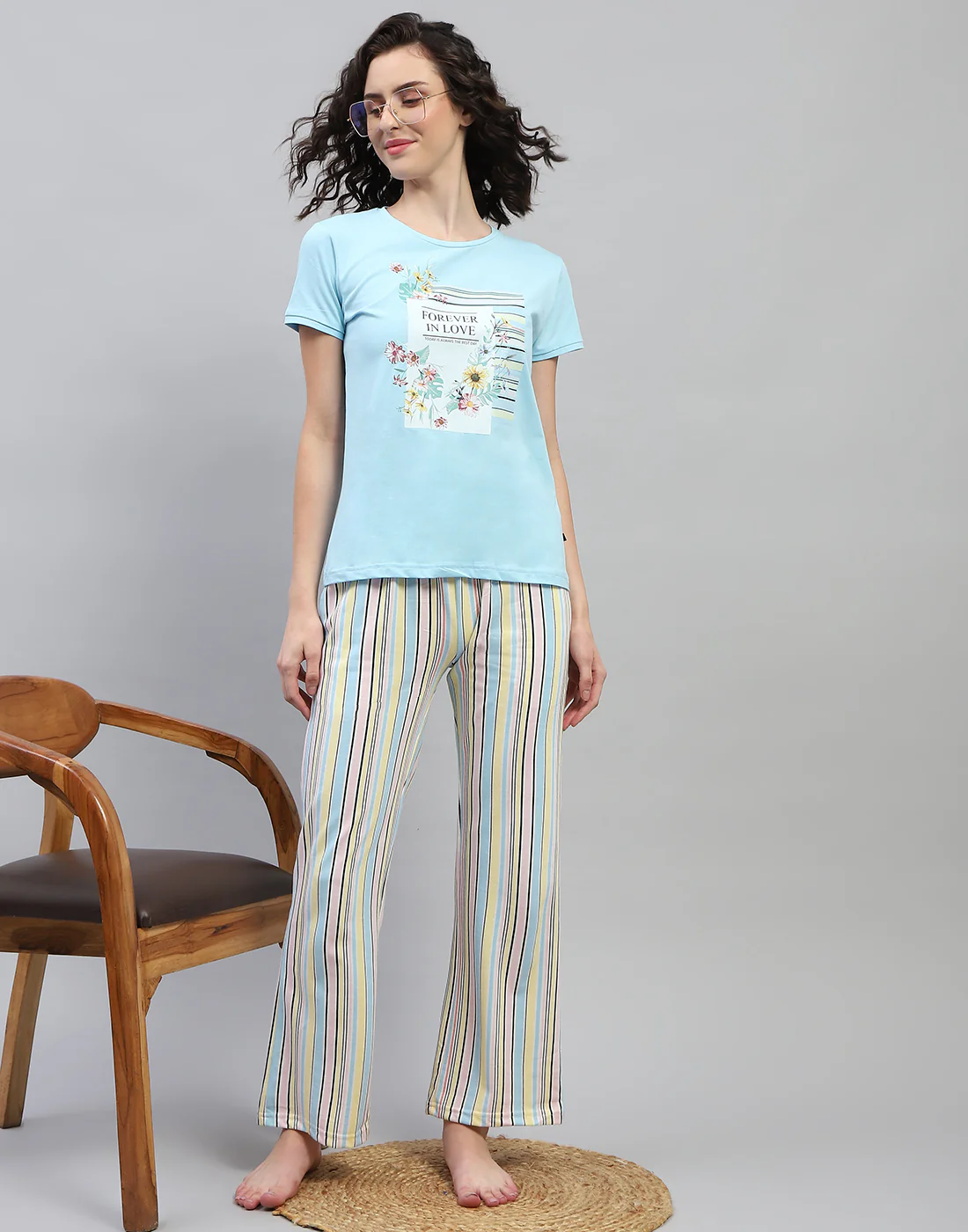 Women Sky Blue Printed Round Neck Half Sleeve Combo 3Pc Set - Image 3