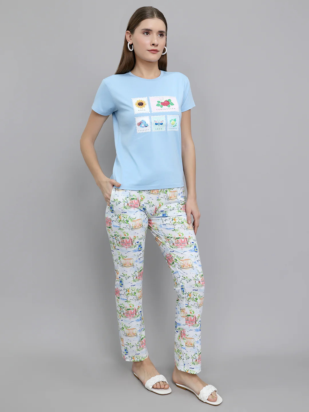 Women Sky Blue Printed Round Neck Half Sleeve Lower Set - Image 3