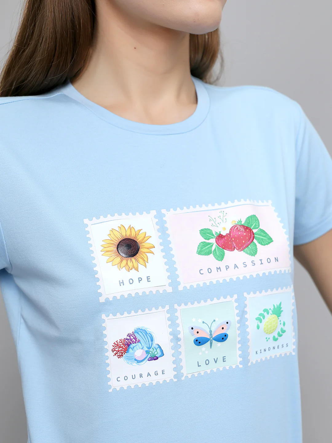 Women Sky Blue Printed Round Neck Half Sleeve Lower Set - Image 5