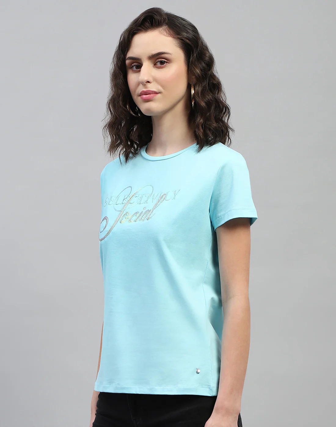 Women Sky Blue Printed Round Neck Half Sleeve Top - Image 3