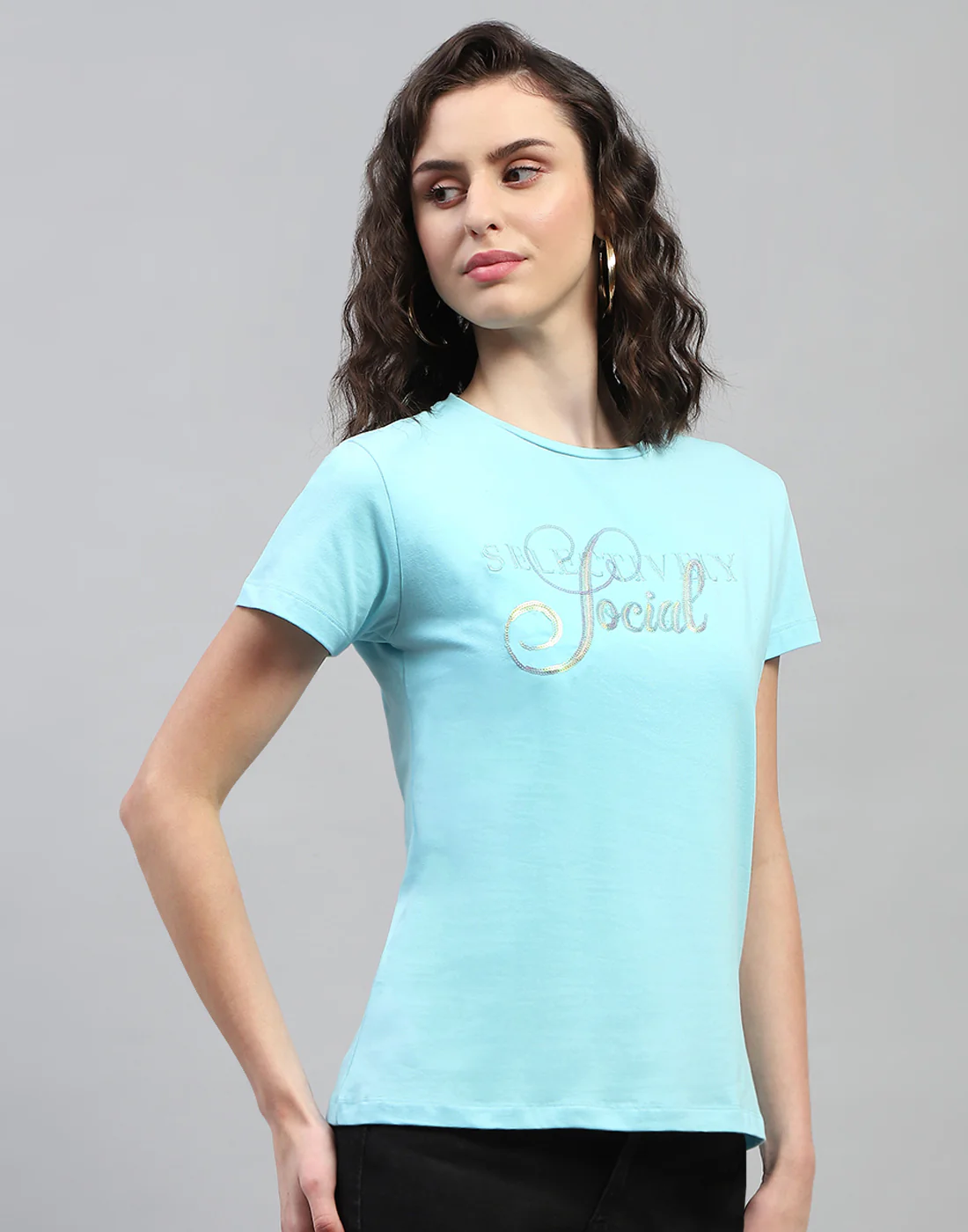 Women Sky Blue Printed Round Neck Half Sleeve Top - Image 4