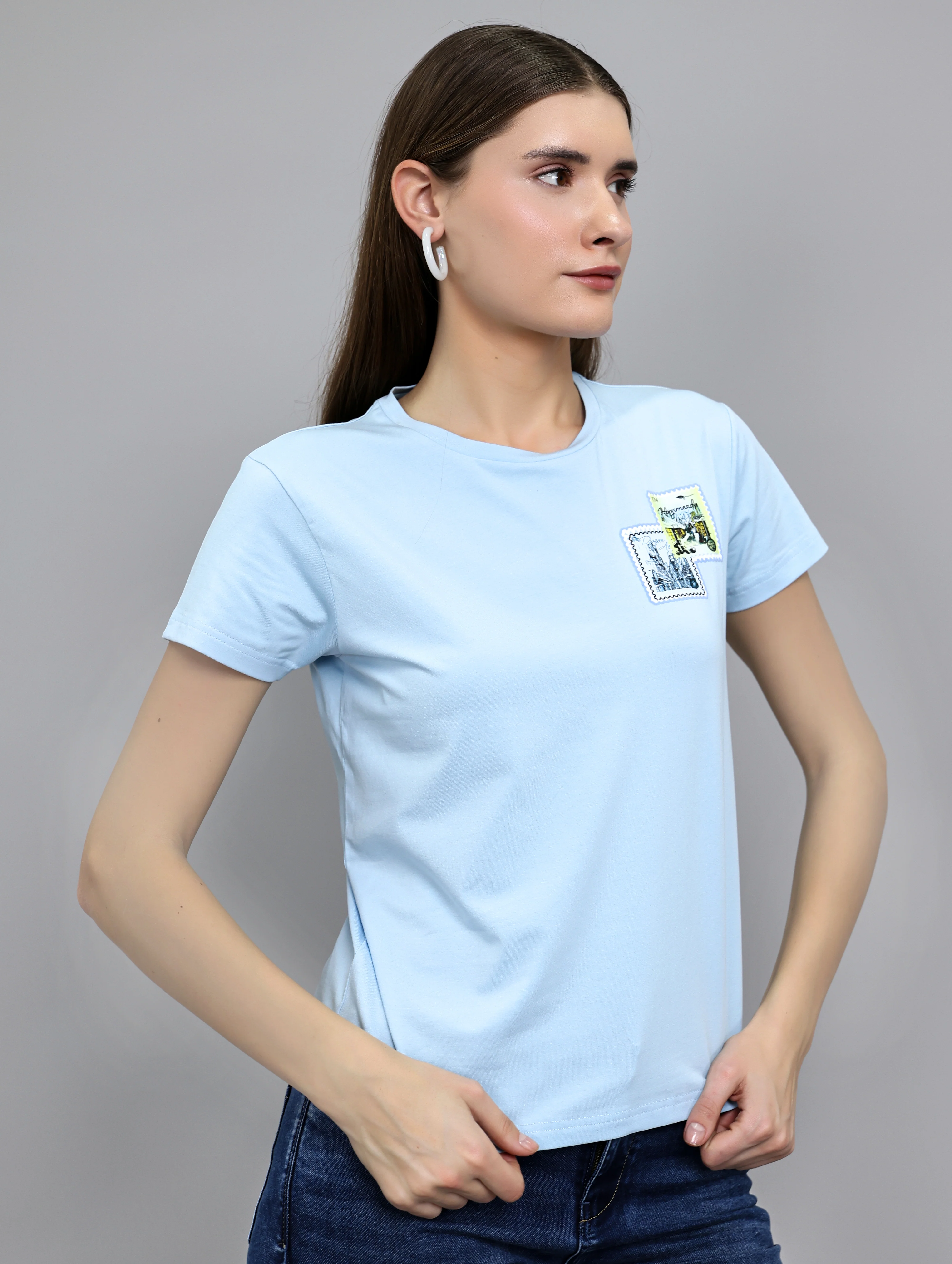 Women Sky Blue Printed Round Neck Half Sleeve Top - Image 3