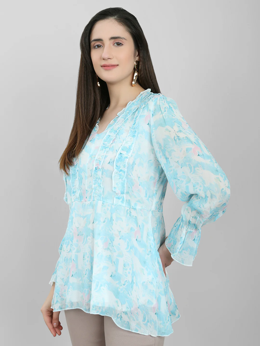 Women Sky Blue Printed V Neck Full Sleeve Top - Image 2