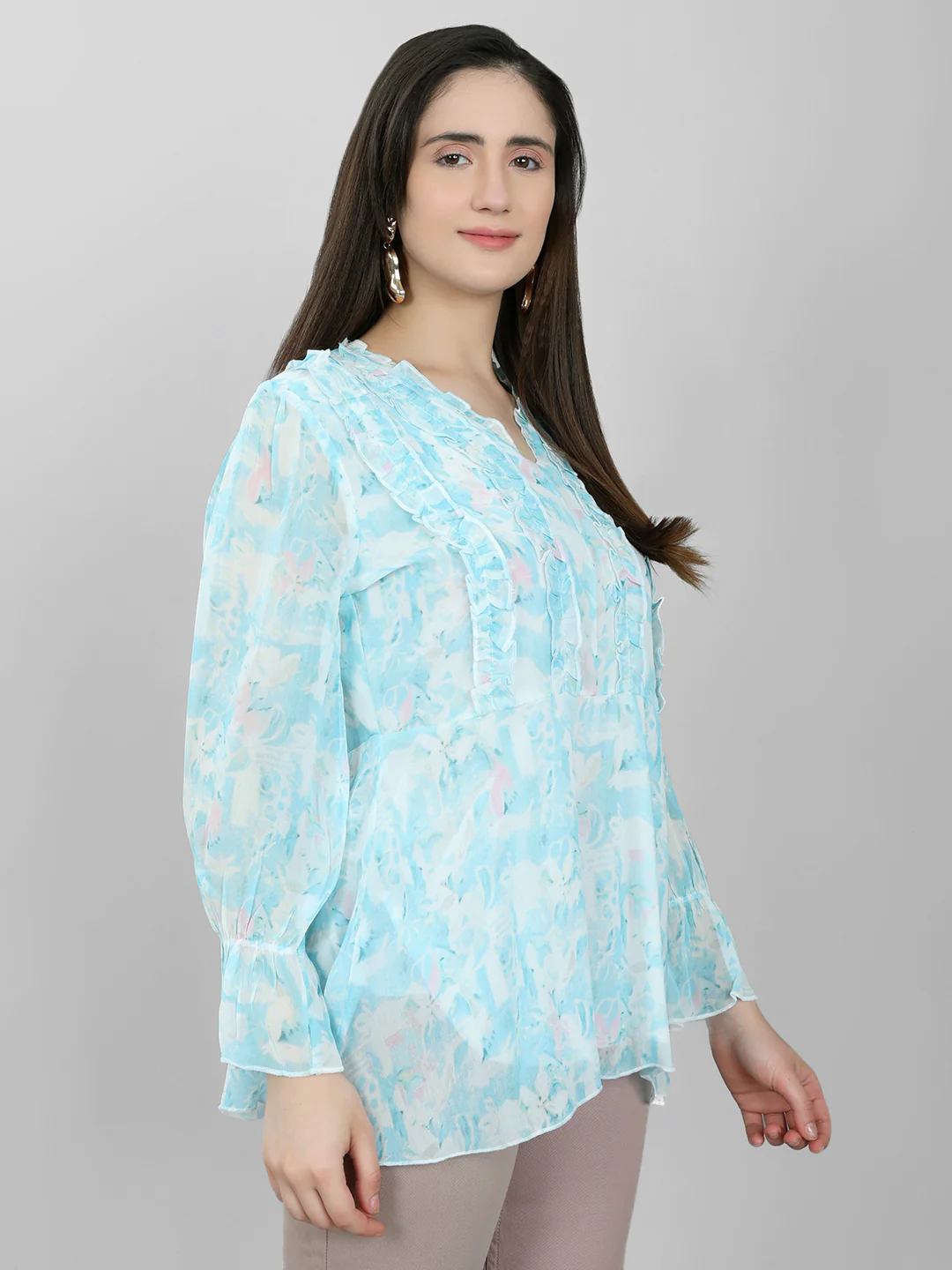 Women Sky Blue Printed V Neck Full Sleeve Top - Image 3