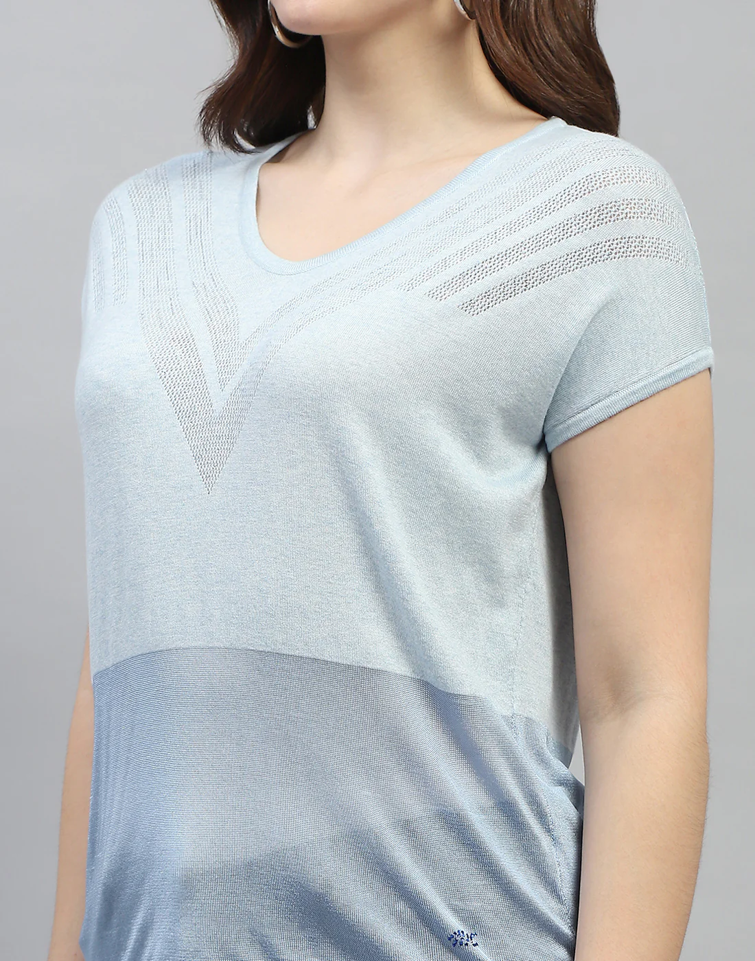 Women Sky Blue Self Design Round Neck Half Sleeve Top - Image 6