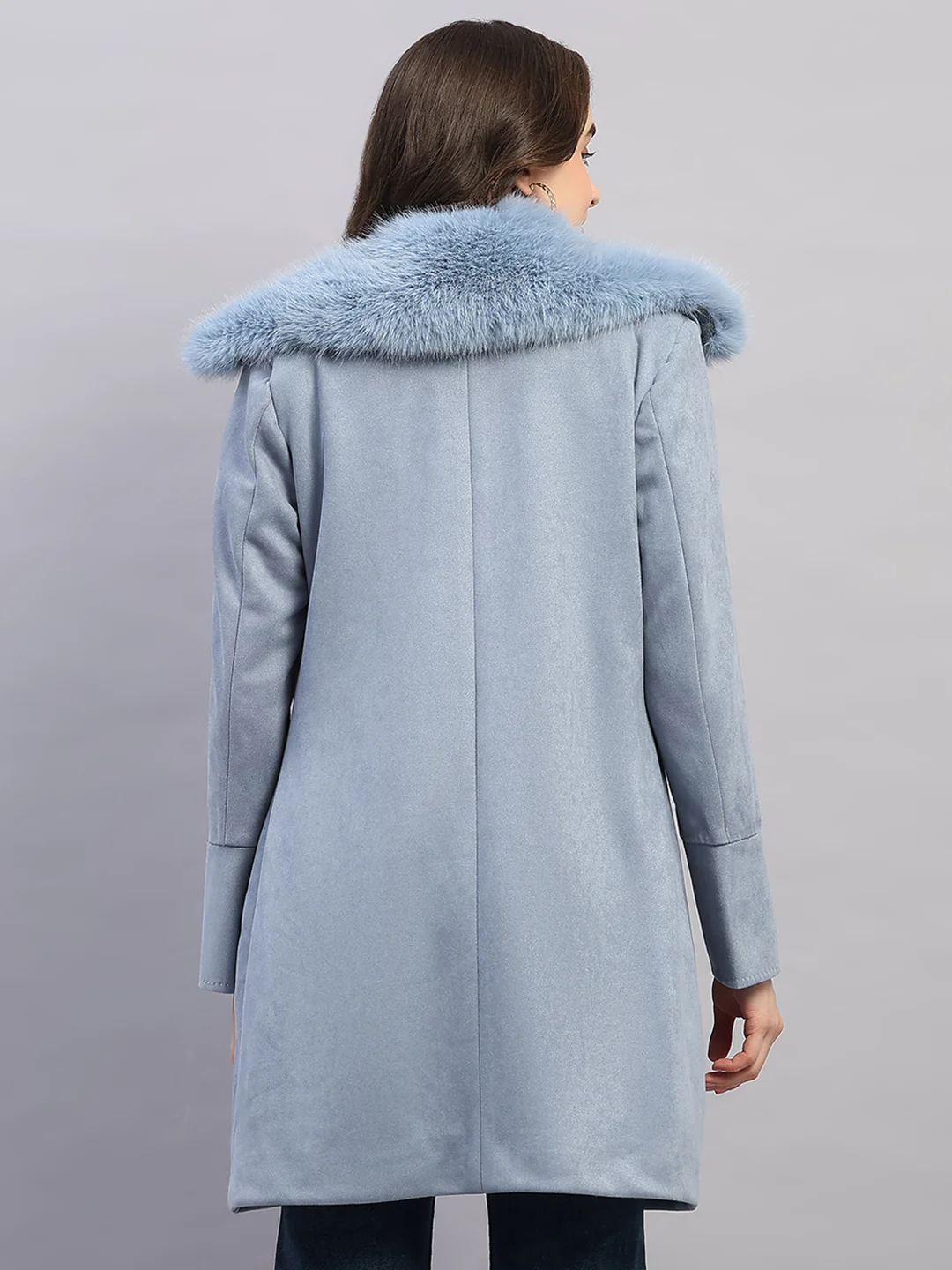 Women Sky Blue Solid Collar Full Sleeve Coat - Image 5