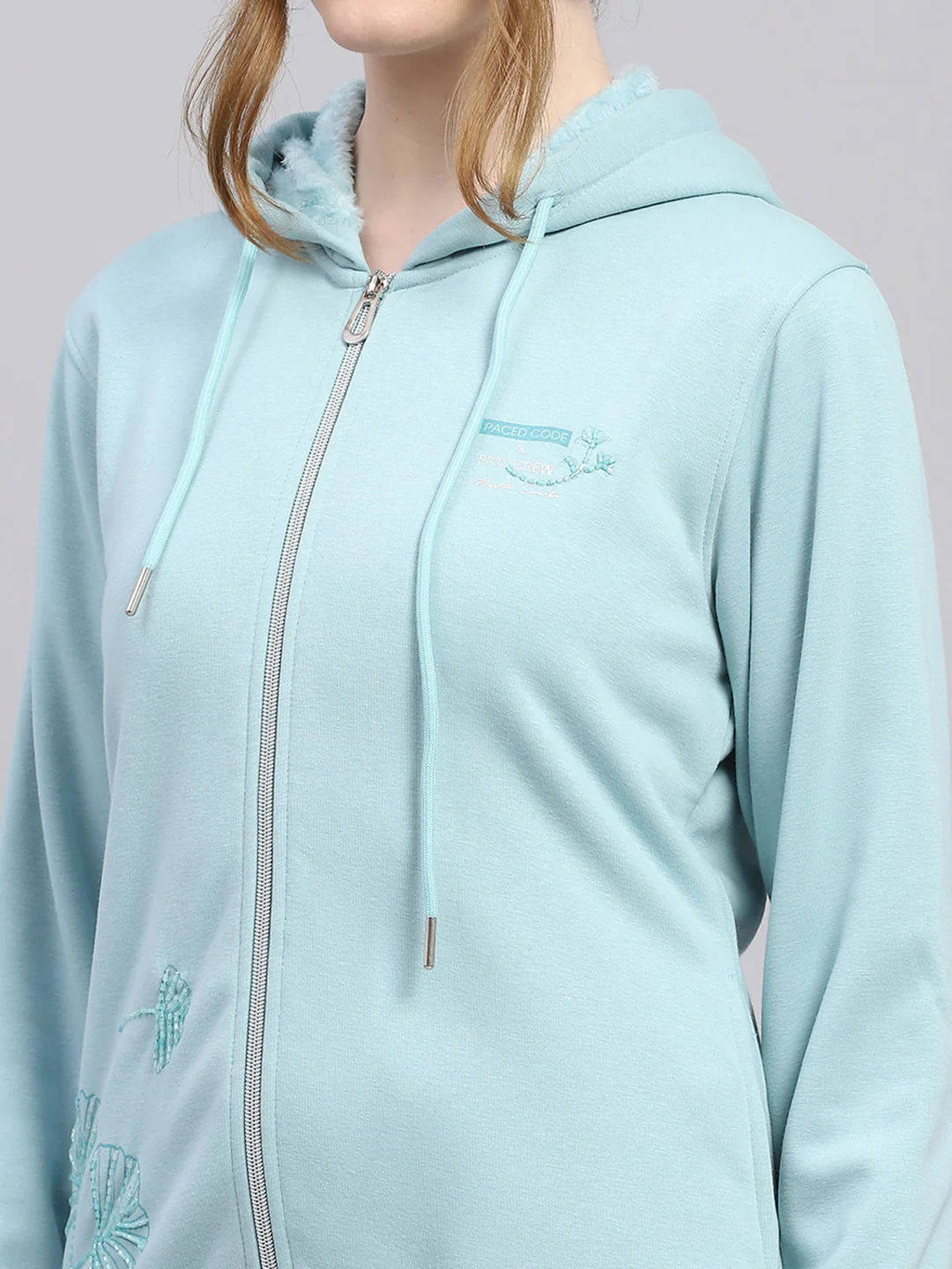 Women Sky Blue Solid Hooded Full Sleeve Sweatshirt - Image 7