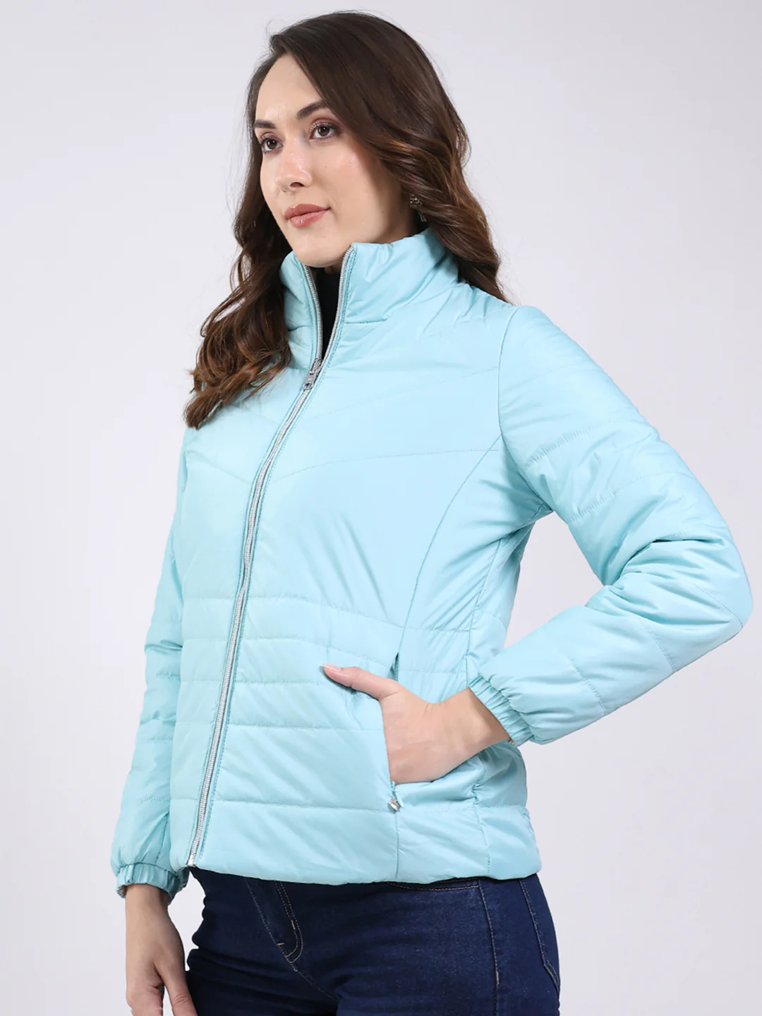Women Sky Blue Solid Mock Neck Full Sleeve Jacket - Image 3