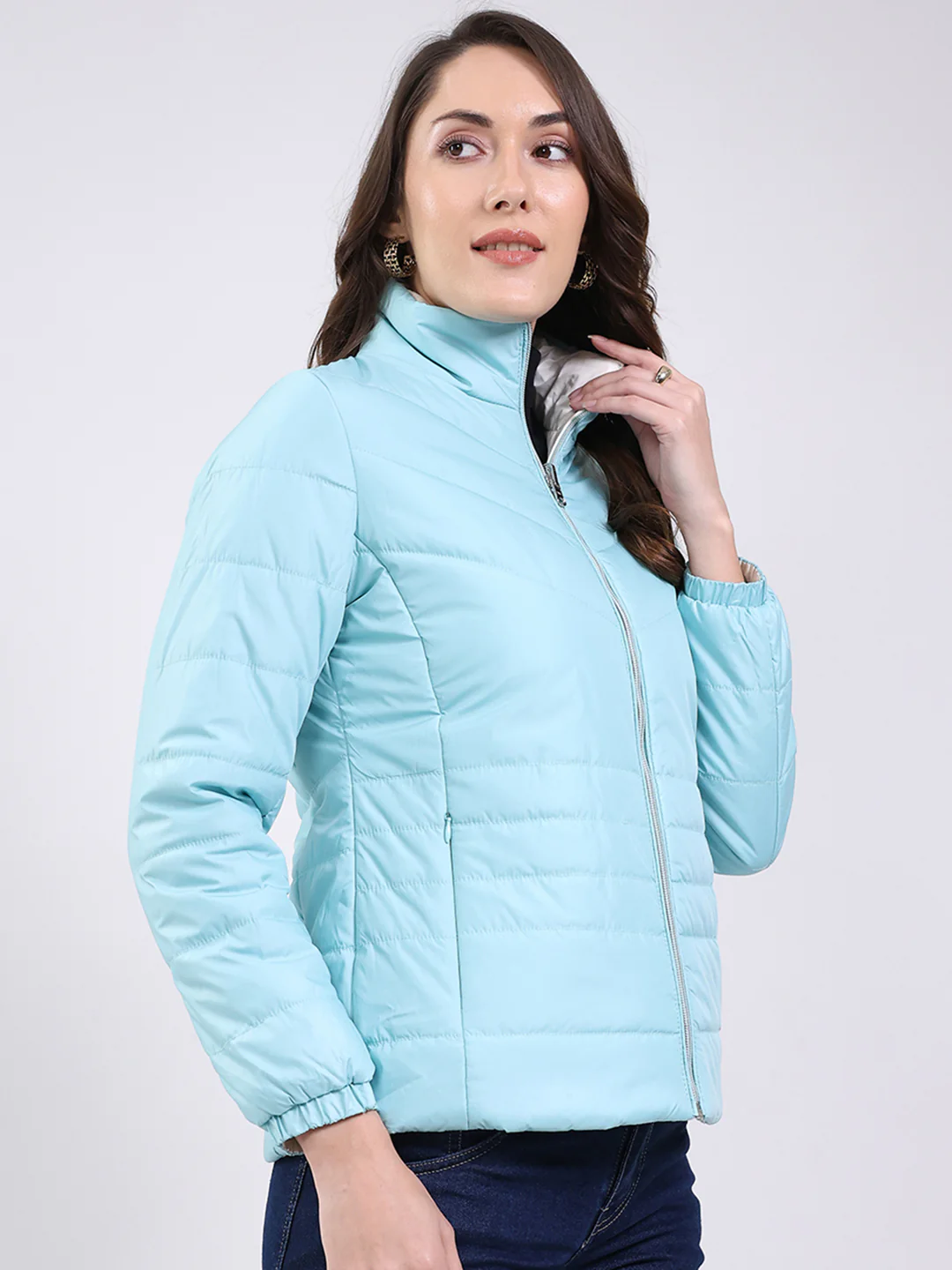 Women Sky Blue Solid Mock Neck Full Sleeve Jacket - Image 4